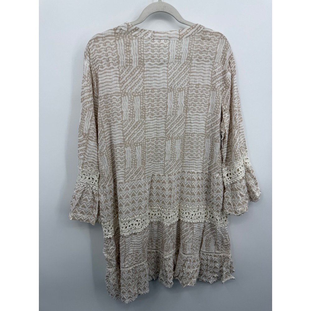 DOTTI Geometric Print Crochet Trim Tunic Dress sz XL Tan White Boho Bell Sleeve - Picture 4 of 9